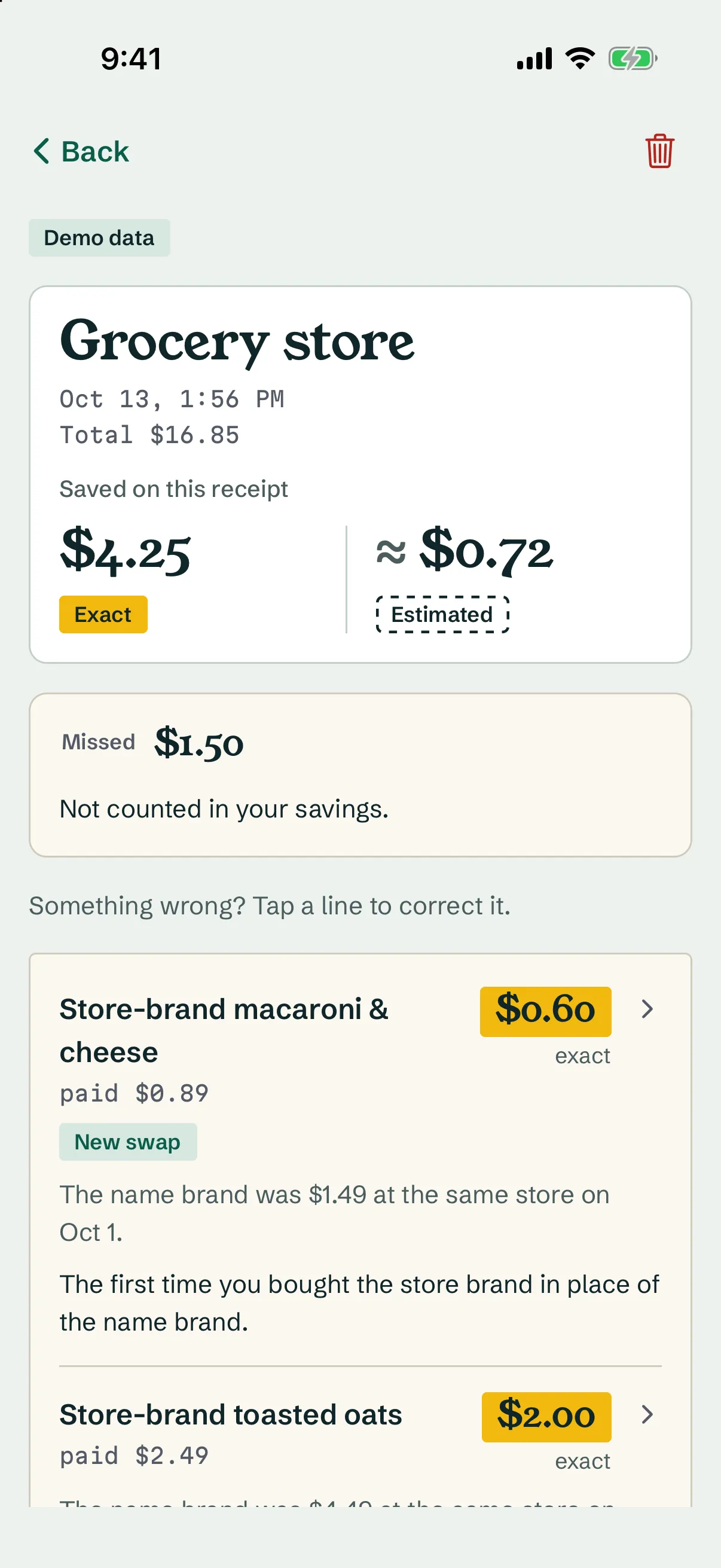 The same receipt in the Egg Money app, marked "Demo data". Saved on this receipt: $4.25 exact and about $0.72 estimated, with a missed saving of $1.50, not counted. Each line shows what it saved and what it was compared with: store-brand macaroni and cheese, $0.60, exact; store-brand toasted oats, $2.00, exact.